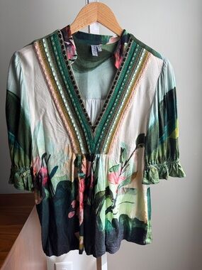 Anthropologie Bl-nk London Stephanie Embroidered Floral Top in Dark Green